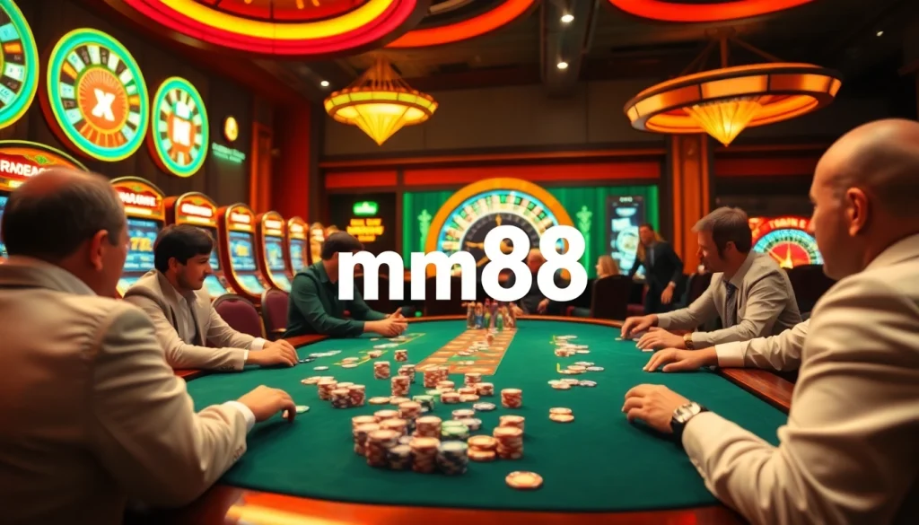 Engage in spirited gameplay at mm88's vibrant casino, featuring poker, roulette, and slot machines.