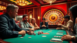 Engaging players enjoying the s8 game at a luxurious casino poker table.