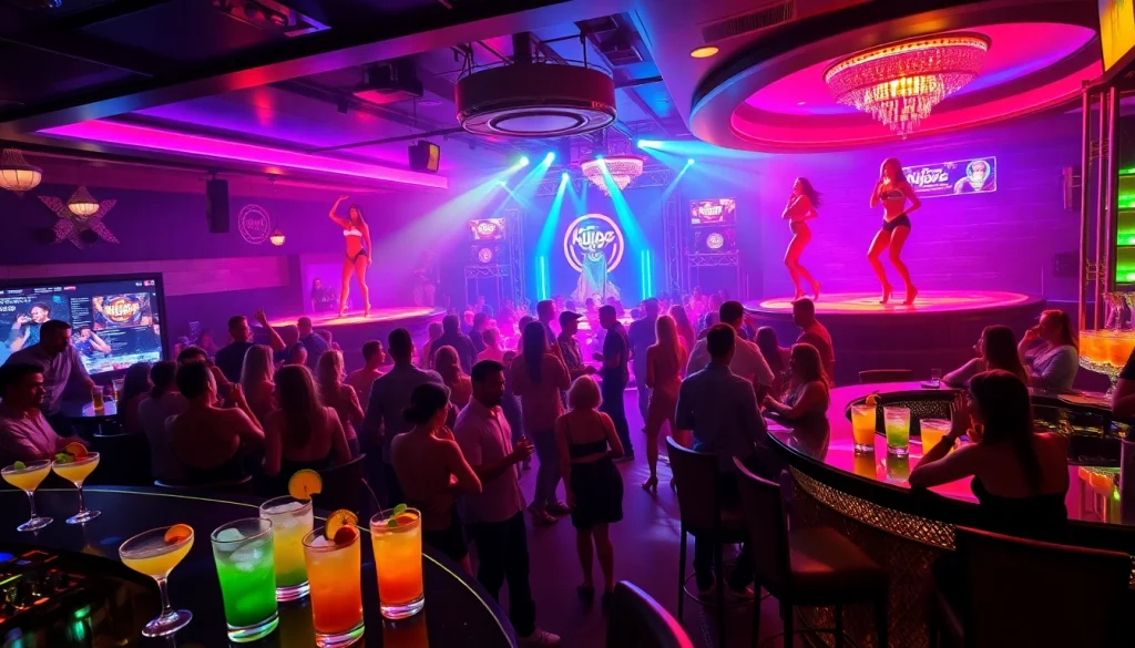 Night club sxm scene with lively dance floor, stunning performers, and luxurious VIP tables.