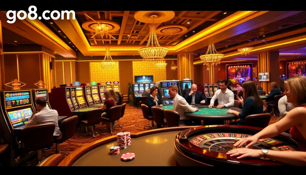 Exciting gameplay at go8.com with vibrant casino tables, poker chips, and professional dealers.