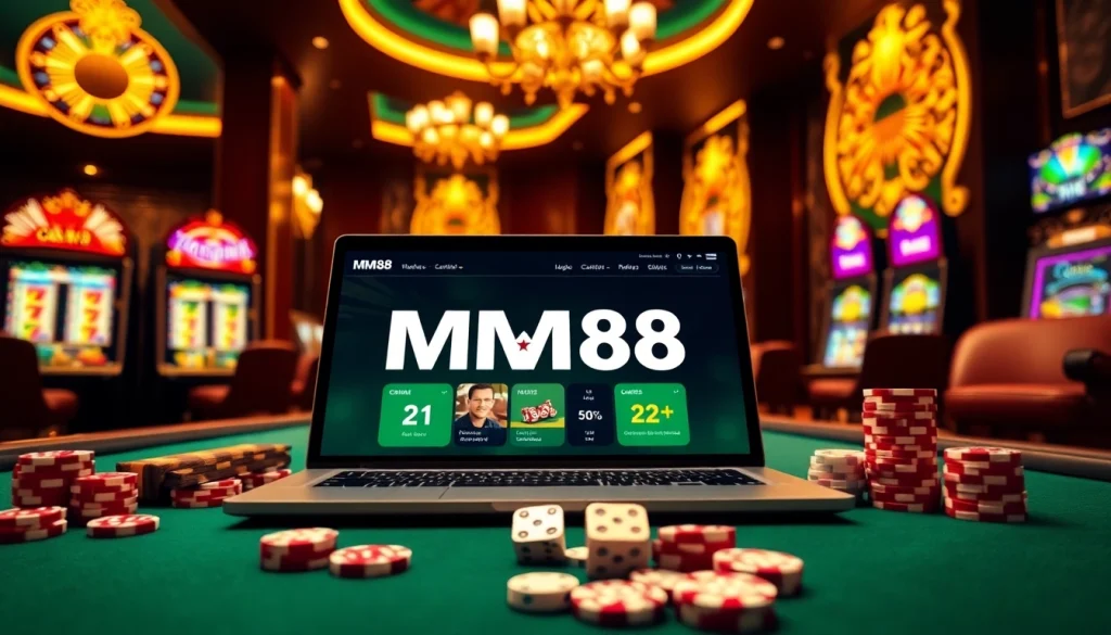 Experience the excitement of MM88 with dynamic casino visuals featuring poker chips and slot machines.