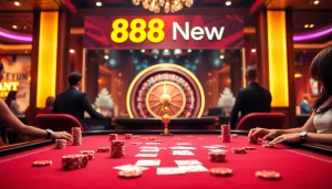Players enjoying an exciting game at the 888 new casino table filled with vibrant chips and cards.