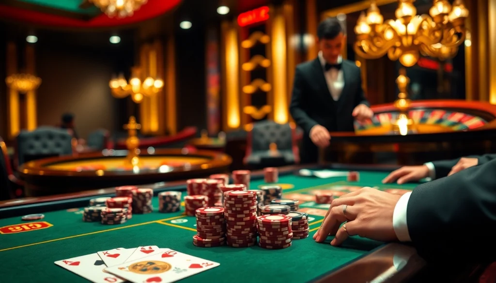 Experience the excitement of gambling at đại lý C168's vibrant casino scene with poker and roulette tables.