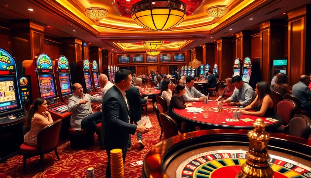 Exciting scene of diverse players engaging in vibrant 슬롯사이트 games at a luxurious casino, filled with slot machines.