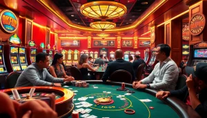 Engaged players enjoying a lively casino scene with Okfun branding and vibrant slot machines.