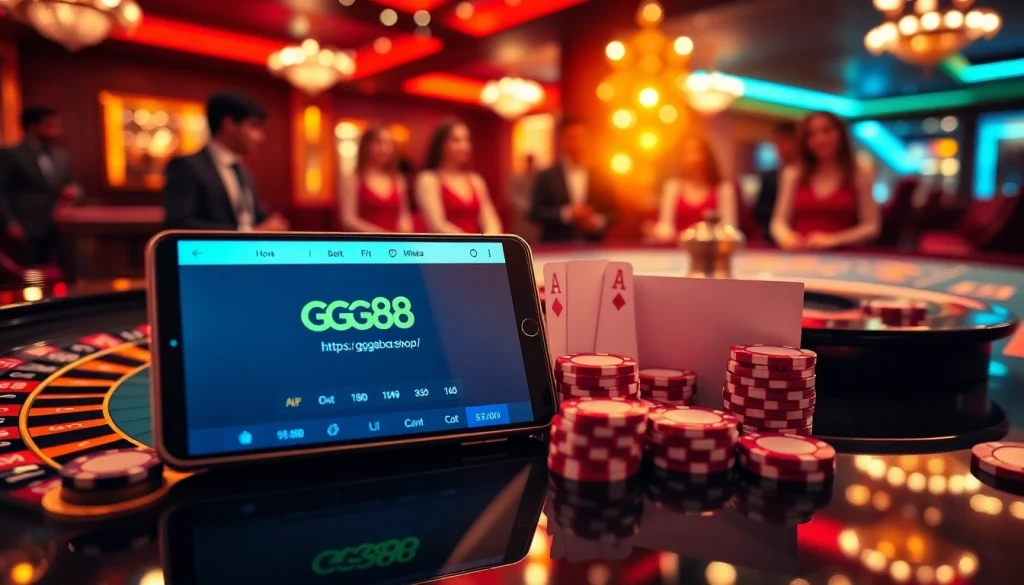 Experience gaming thrills at https://gg88.shop/, featuring a digital roulette wheel and poker chips.
