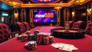 Engaging casino scene with luxurious poker elements highlighted by new888.