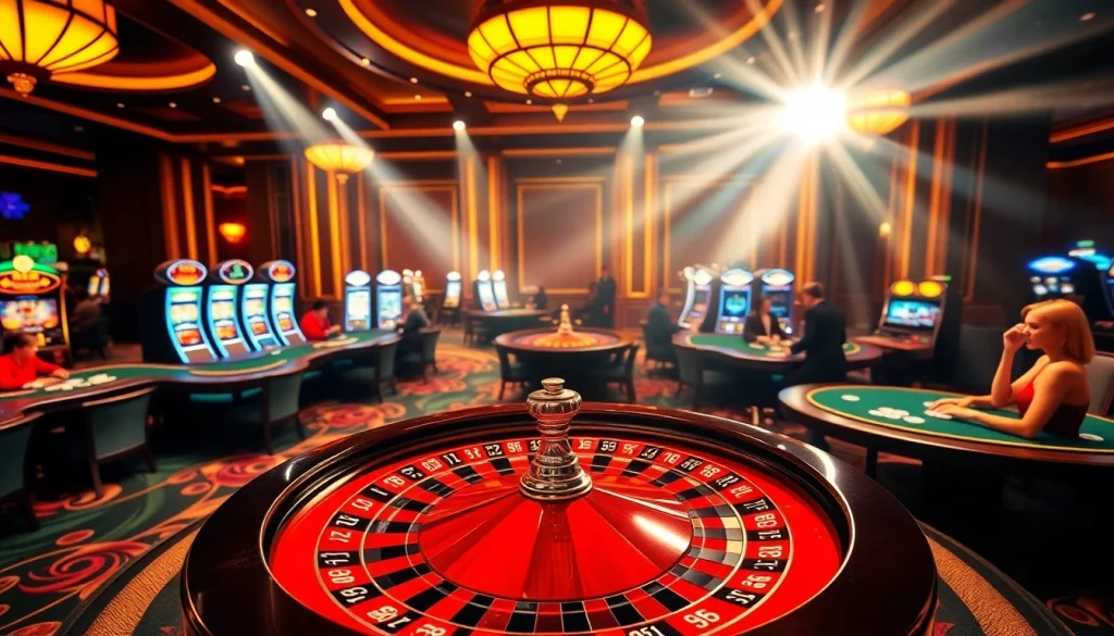 KJC casino scene showcasing high-stakes poker and roulette tables in a luxurious setting.