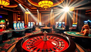 KJC casino scene showcasing high-stakes poker and roulette tables in a luxurious setting.