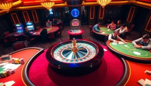 Hello88 casino scene with roulette wheel, poker tables, and vibrant atmosphere of gambling excitement.