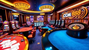 Experience the thrill of CM88 with vibrant casino tables, cards, and slot machines in a luxurious setting.