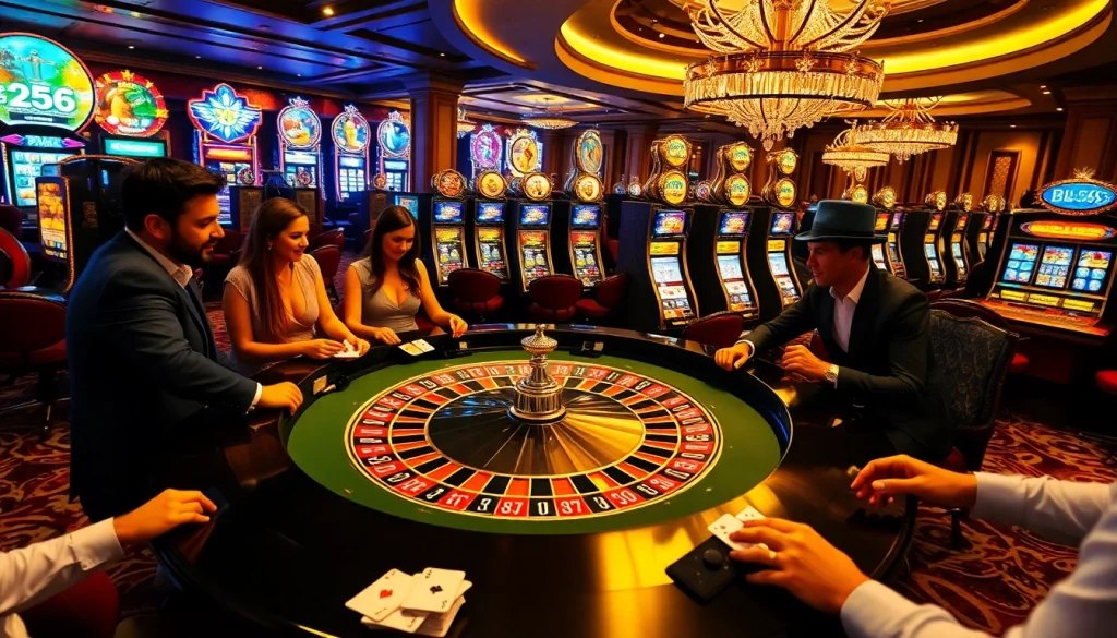 Experience the thrill of gambling at bl555 with a vibrant casino scene showcasing roulette and poker.
