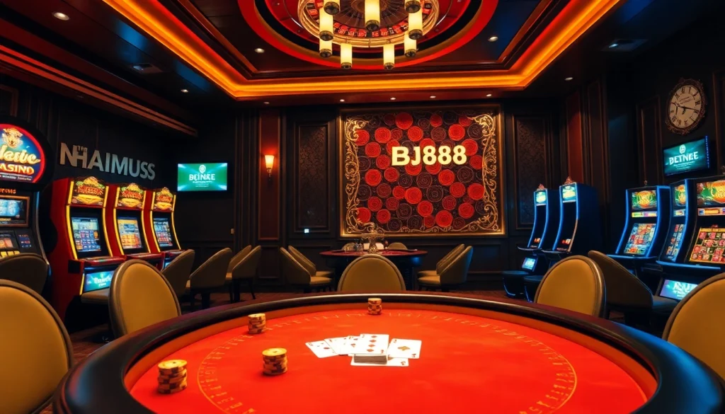 Experience the excitement of gambling with Nhà Cái BJ888 in a luxurious casino setting featuring a poker table and roulette wheel.