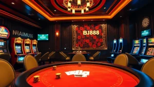 Experience the excitement of gambling with Nhà Cái BJ888 in a luxurious casino setting featuring a poker table and roulette wheel.
