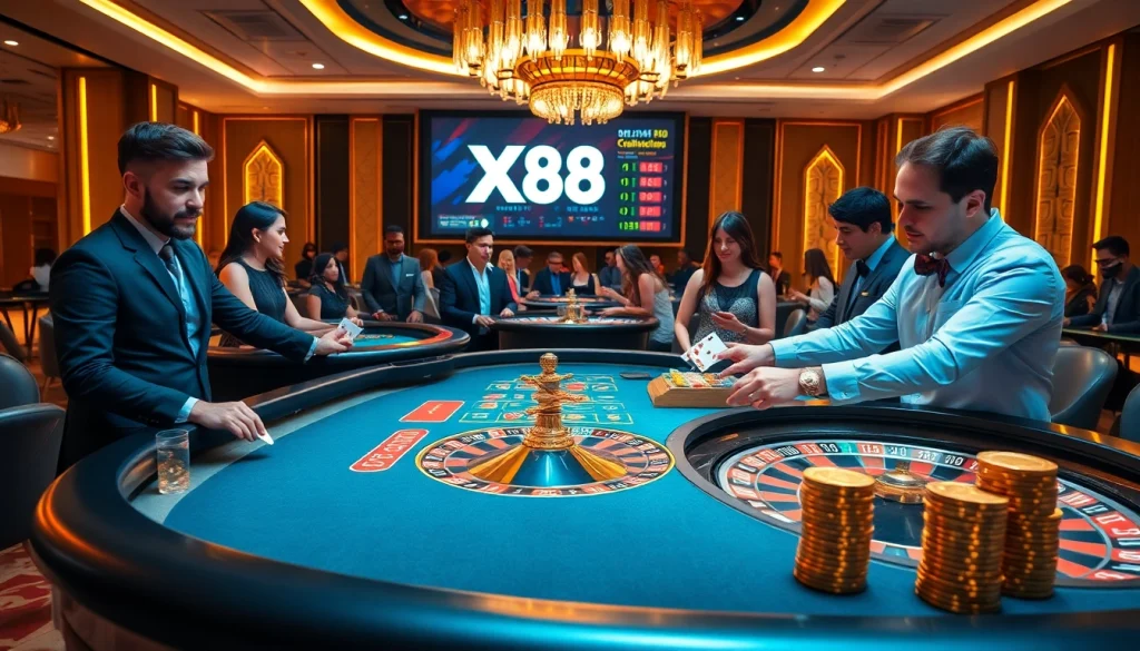 Players enjoying an exhilarating game at XX88 casino with roulette and poker tables lit by ambient luxury.