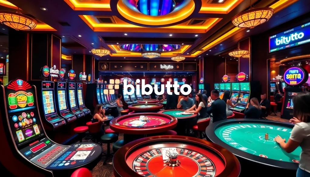Engage with thrilling casino games at birutoto, featuring vibrant slot machines and poker tables.