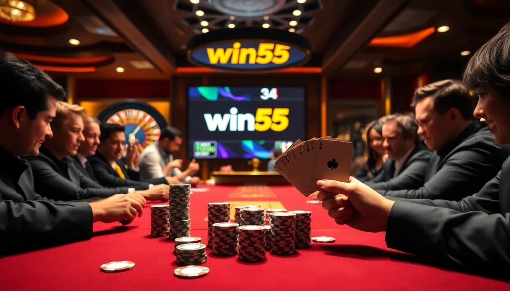 Players engaging in a thrilling poker game at a luxurious win55 casino table.