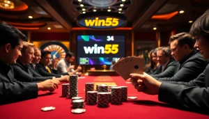 Players engaging in a thrilling poker game at a luxurious win55 casino table.