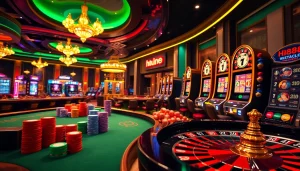 Exciting Hi888 casino scene showcasing vibrant poker tables and roulette action.
