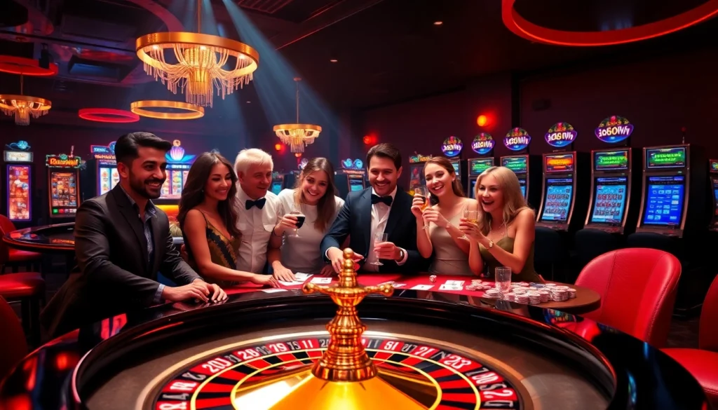 Experience the excitement of link 98win at a luxurious online casino, featuring vibrant gaming scenes.