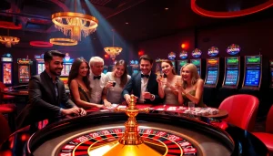 Experience the excitement of link 98win at a luxurious online casino, featuring vibrant gaming scenes.