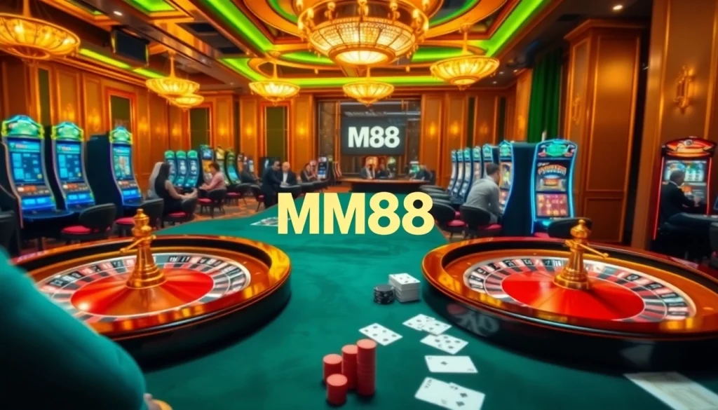 Experience an exciting online gambling scene with MM88 at the center, showcasing vibrant casino elements.