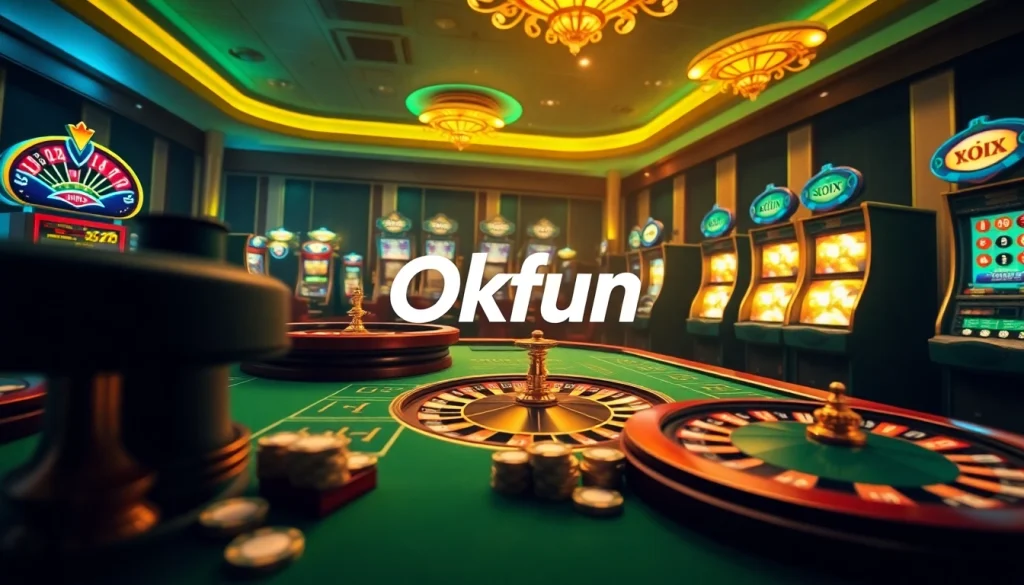 An engaging casino scene highlighting the excitement of gambling on Okfun, featuring poker chips and a roulette wheel.