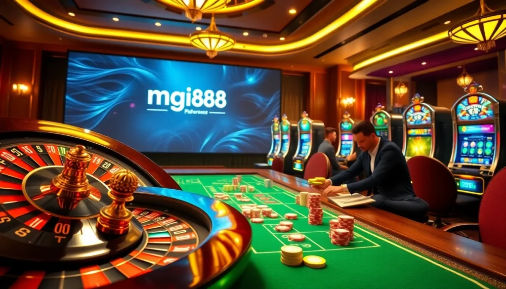 Experience thrilling games at mg188 featuring a luxury casino environment with vibrant slot machines.