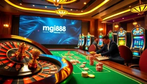 Experience thrilling games at mg188 featuring a luxury casino environment with vibrant slot machines.