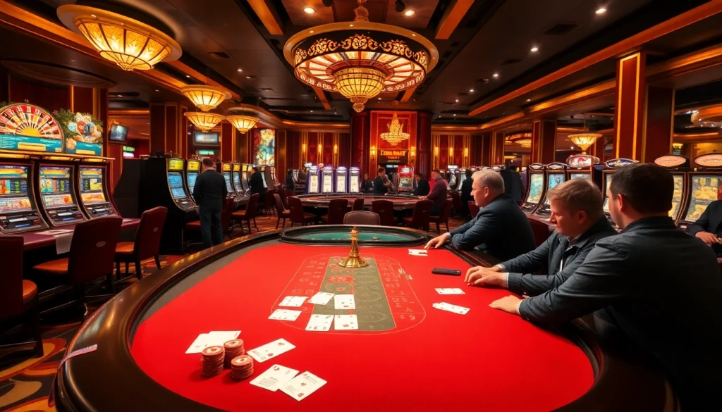 Experience Casino GK88 with vibrant slot machines and engaging poker games in a luxurious casino setting.