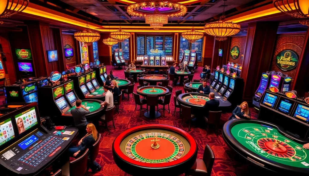 Experience the vibrant gaming atmosphere of new888 with excited players at roulette and poker tables.