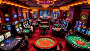 Experience the vibrant gaming atmosphere of new888 with excited players at roulette and poker tables.