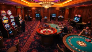 Thrilling casino action at Thabet with vibrant slot machines and excited players enjoying gaming.