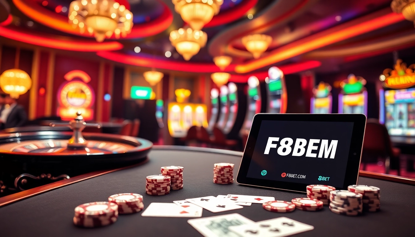 Engage in thrilling gambling at F8BET.COM with vibrant casino visuals featuring poker, slots, and roulette.