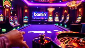 A dynamic casino scene highlighting bomwin's exciting online gambling interface with vibrant slot machines and poker elements.