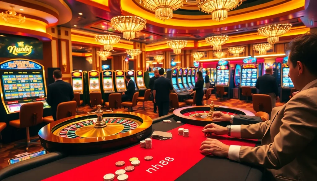 Players enjoying high-stakes games at a luxurious casino, featuring the brand nh88.