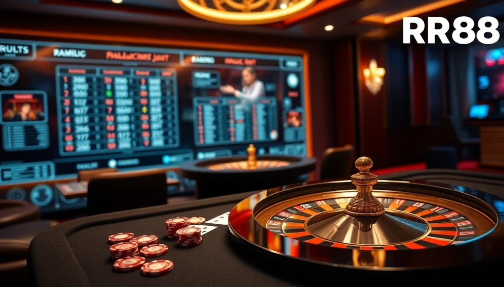 Experience the excitement of RR88 casino with vibrant poker chips and luxurious gaming tables.