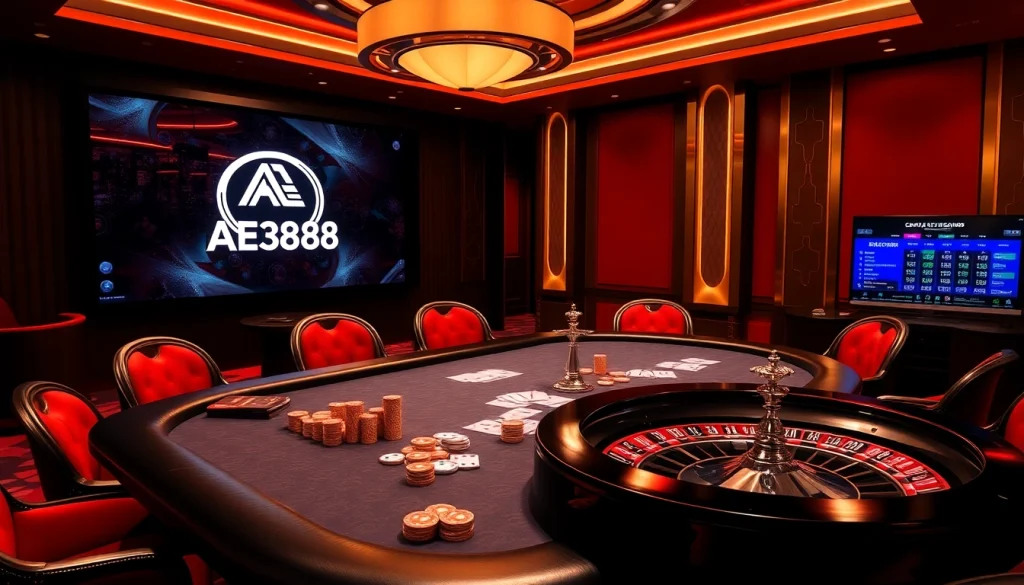 Experience high-stakes poker at AE3888's luxurious casino scene with vibrant chips and cards.