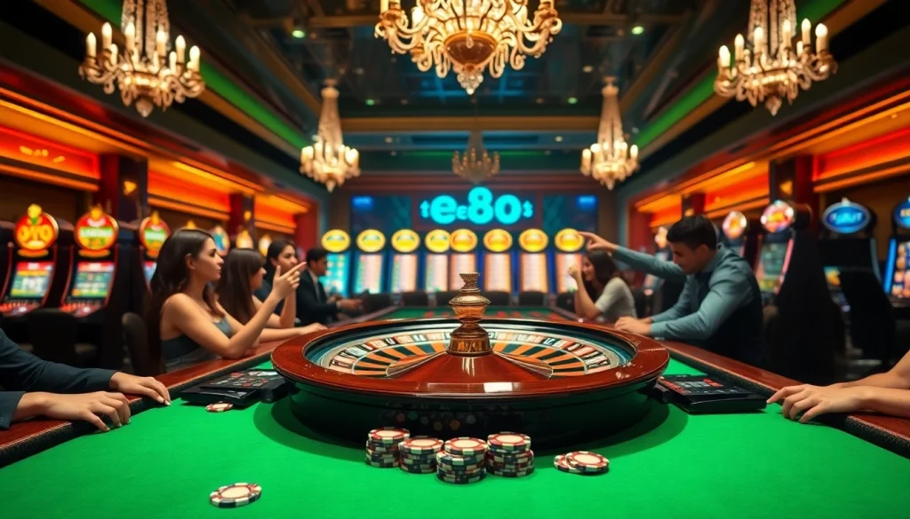 ee88 link đăng nhập featured at an exciting casino table with poker chips and players betting.
