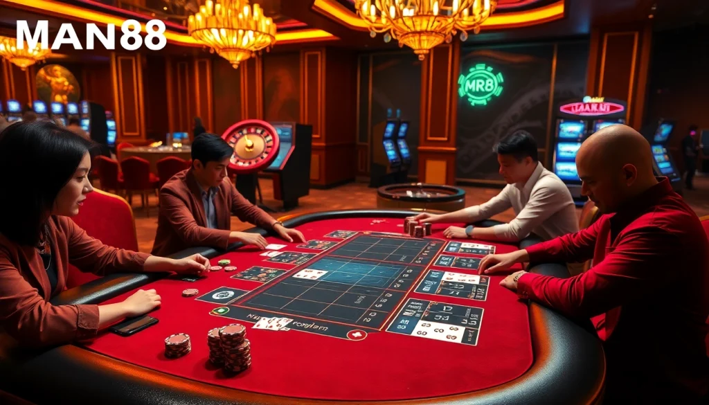 Experience the thrill of winning at Man88 with a vibrant poker table scene highlighting high stakes.