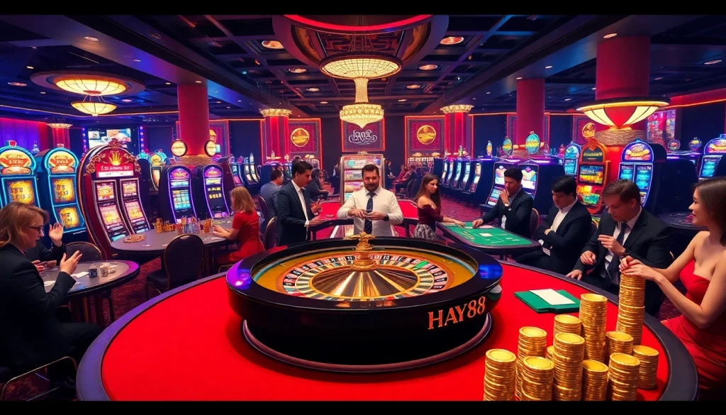 Experience the excitement of hay88 with players enjoying poker and roulette in a vibrant casino scene.