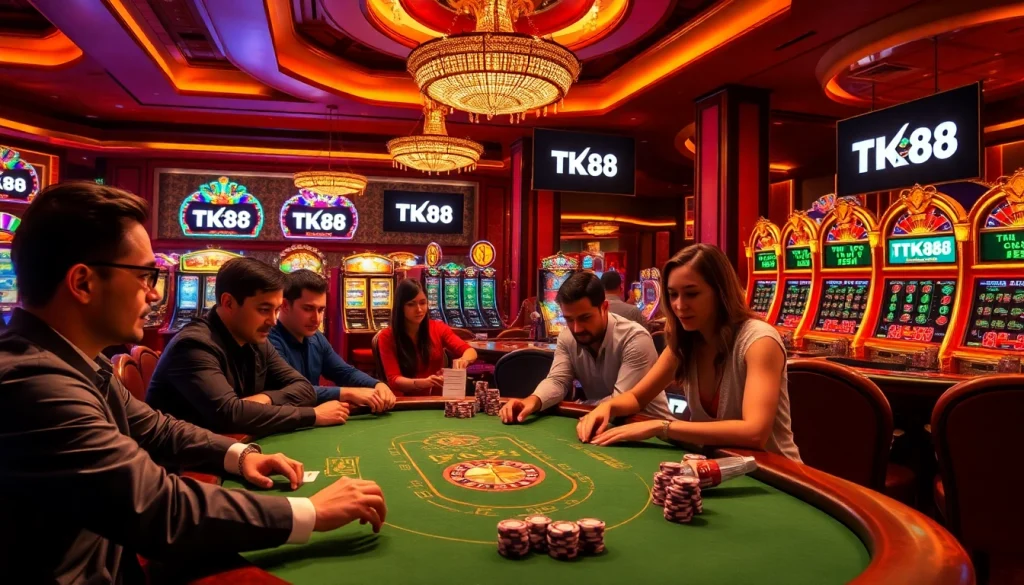 Players at a high-stakes poker table in a luxurious casino, highlighting excitement around TK88 betting.