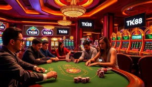 Players at a high-stakes poker table in a luxurious casino, highlighting excitement around TK88 betting.