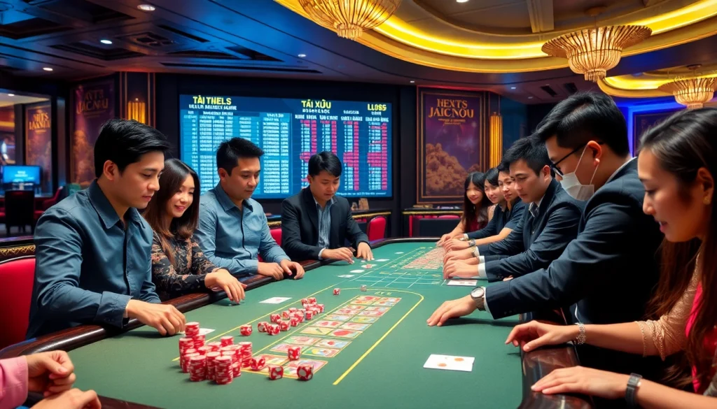 Tài Xỉu MD5 players engaged in thrilling gameplay at a glamorous casino table.