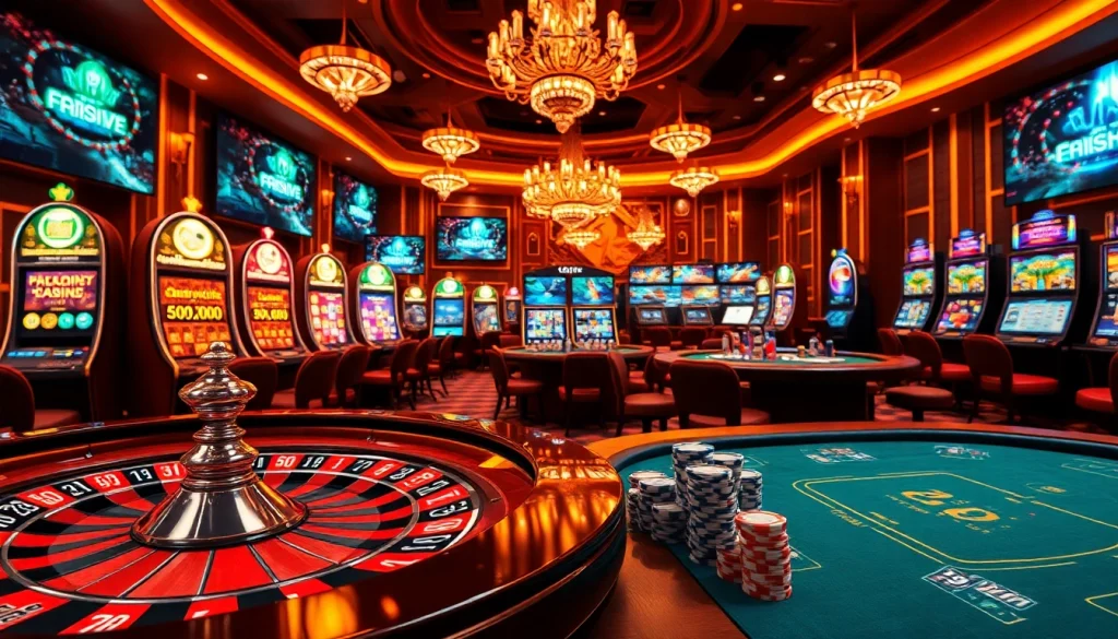 Engaging gamblers at 98win with exciting slot machines and poker tables in a stylish casino environment.