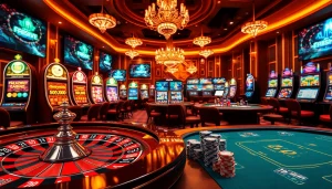 Engaging gamblers at 98win with exciting slot machines and poker tables in a stylish casino environment.