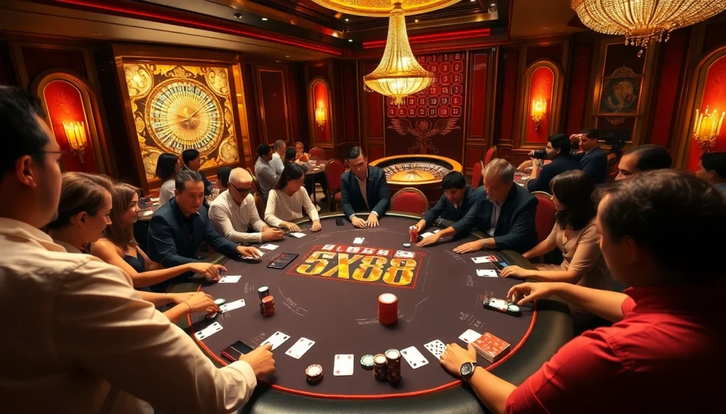 Exciting SX88-themed poker table in a vibrant casino atmosphere.