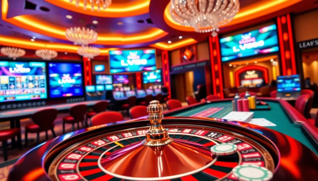 Experience the excitement of gambling with vibrant visuals on Trang chủ LV88 featuring roulette wheels and poker chips.