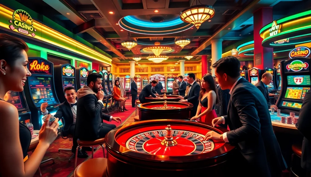 Excited gamblers enjoying vibrant gameplay at casino tables featuring f168 ai themed elements.