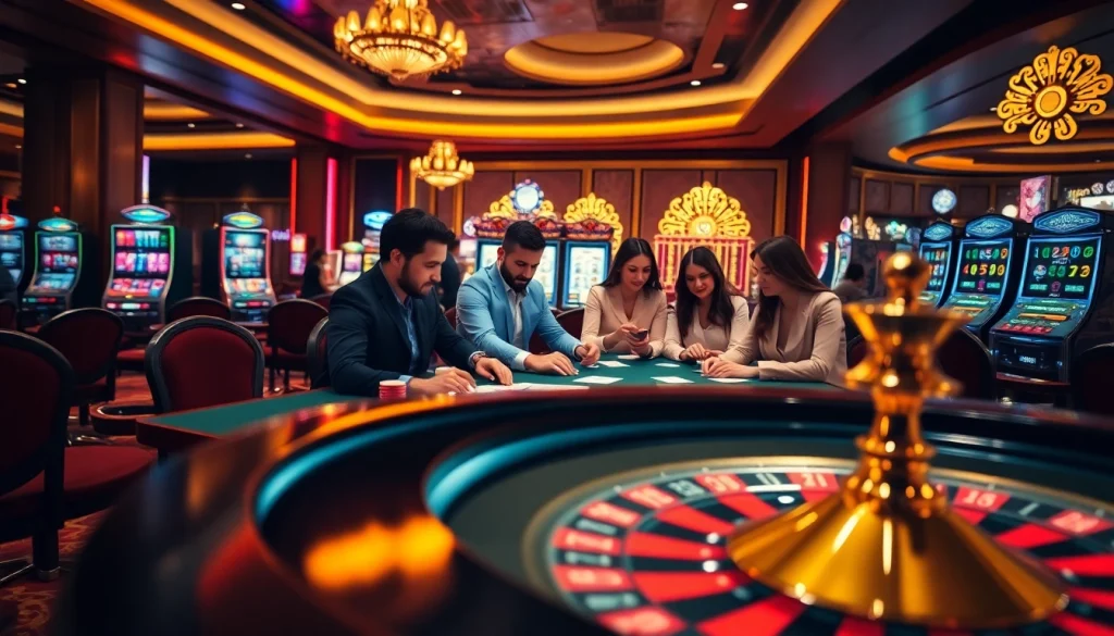 שחקנים מעורבים סביב שולחן פוקר בקזינו יוקרתי, המדגישים את הריגוש בהצבת הימורים.